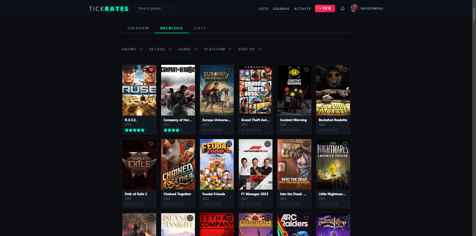 Tickrates Backlog and Filters